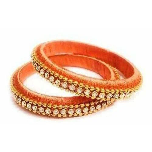 Ladies long silver bracelets-Orange Color with White Stones - Set of 2 Bangles