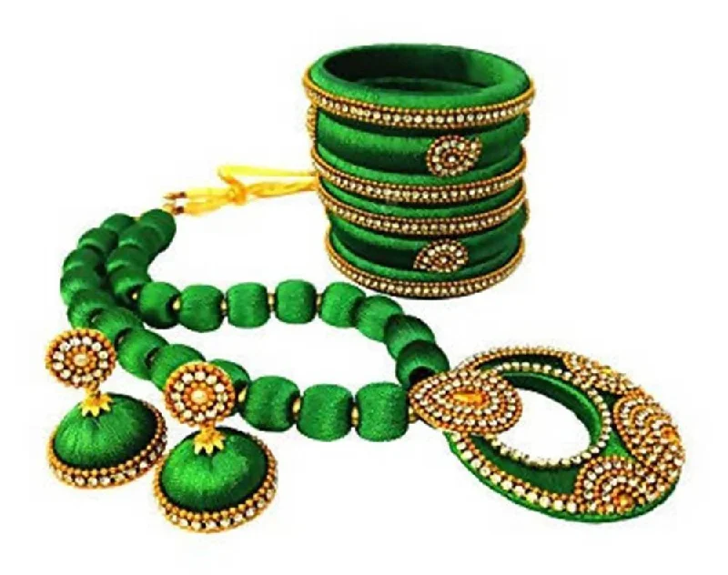 Ladies charm bracelets-Green Color Silk Threaded Necklace Set, Earrings and Bangles Set of 2