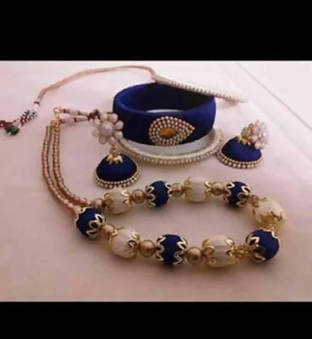 Ladies diamond bracelets-White and Blue Color Silk Threaded Necklace Set , Earrings And Bangles Set Of 2