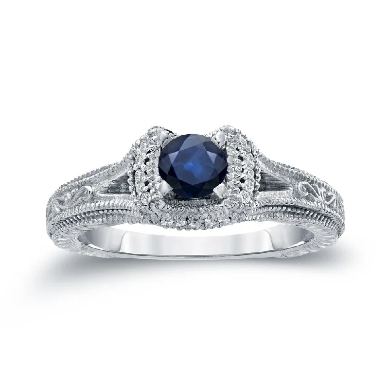 Ladies princess and round engagement rings-14k Gold 2/5ct Blue Sapphire and 1/8ct TDW Round Diamond Engagement Ring