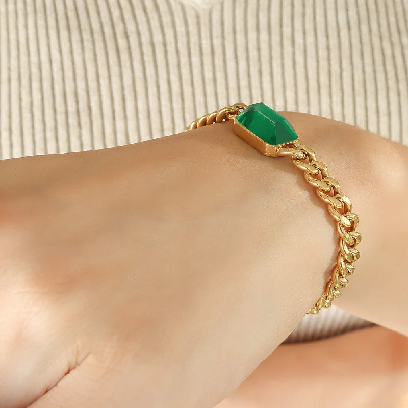 E378-Gold Green Glass Stone Bracelet-15+5cm