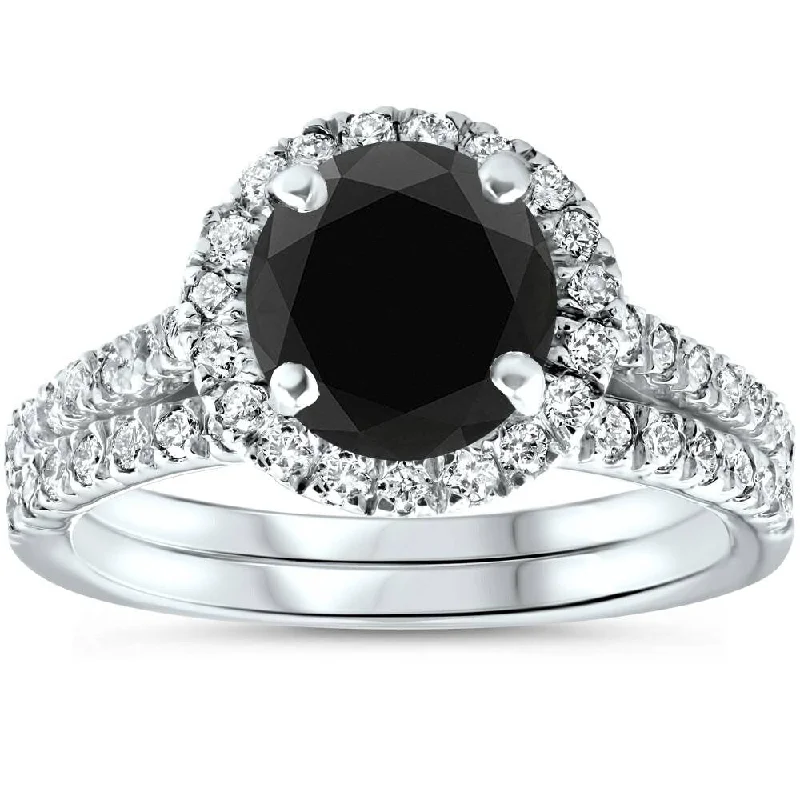 Ladies custom engagement rings with initials-2 1/2 Ct Treated Black Diamond Halo Engagement Wedding Ring Set 14K White Gold