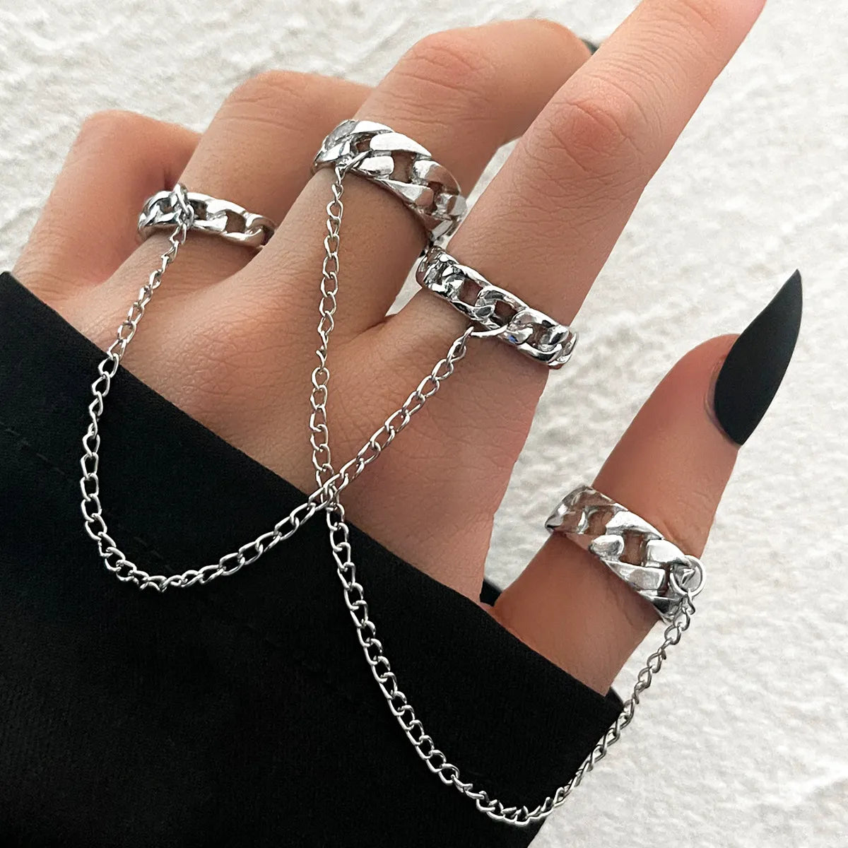 Ladies simple rings-Creative Personality Index Finger Trend Chain Double Ring Ring Two-piece Set