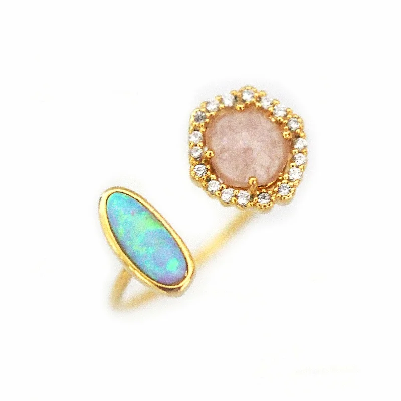 Ladies luxury rings-TAI  Adjustable Gold Ring With Opal Stone and Rose Crystal