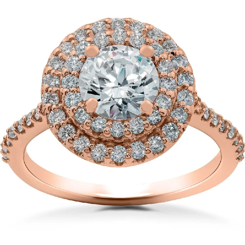 Ladies engagement rings with sapphires and diamonds-1 ct Double Halo Diamond Lab Created Engagement Ring 14k Rose Gold