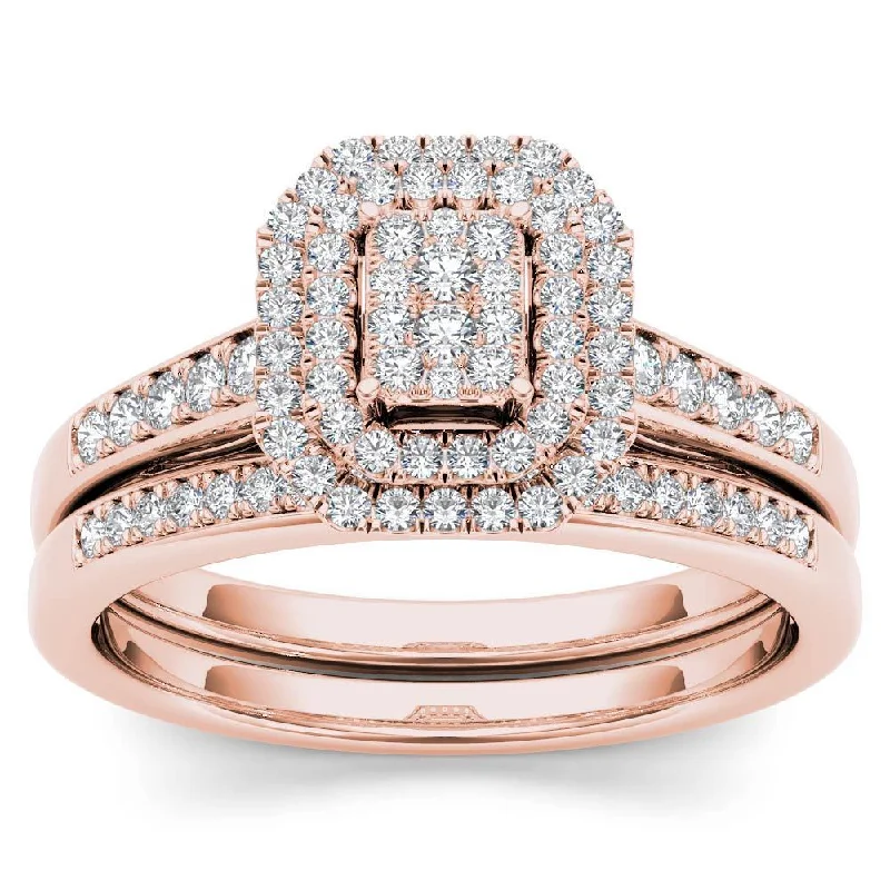 Ladies simple diamond engagement rings-De Couer 14k Rose Gold 1/3ct TDW Diamond Cluster Halo Engagement Ring Set