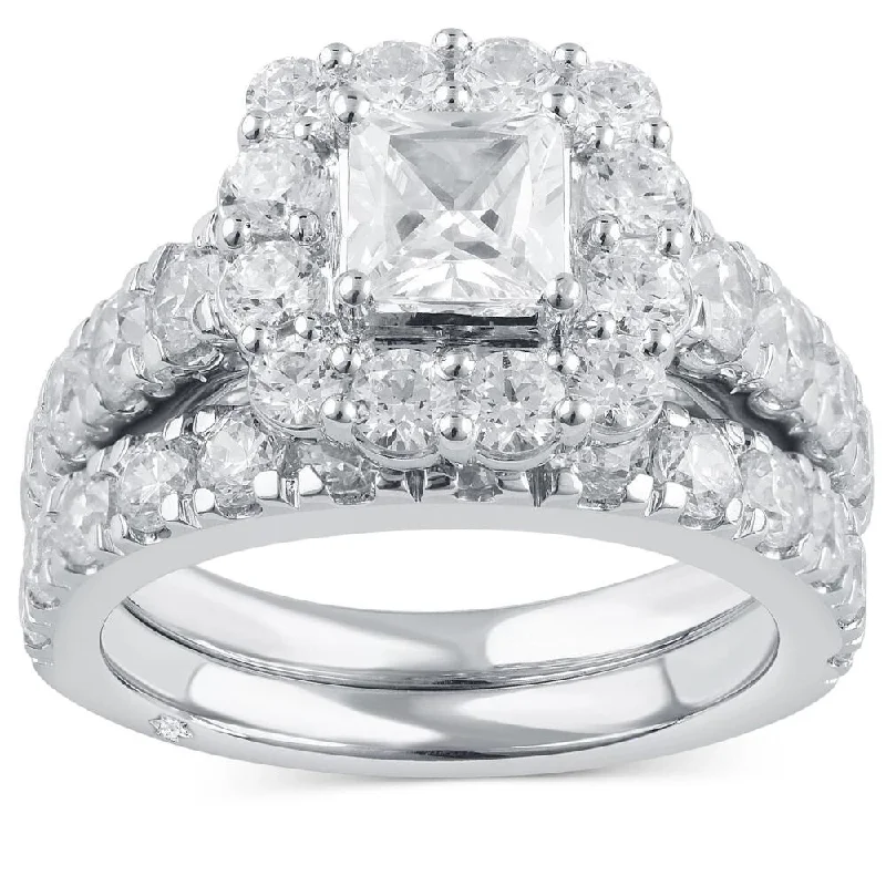 Ladies emerald cut engagement rings-5Ct Princess Cut Diamond Halo Ring Engagement Set in White Yellow Rose Gold