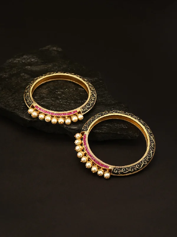 Ladies engraved bangle bracelets-Priyaasi Women Set Of 2 Matte Gold Finish Stones And Pearl Studded Multicolor Bangles