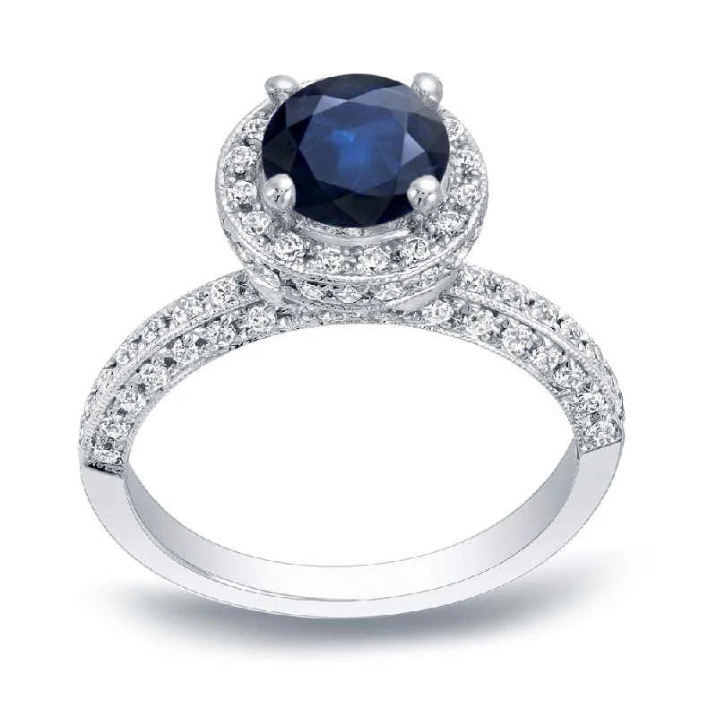 Ladies solitaire diamond engagement rings-Auriya Vintage Round 3/4ct Blue Sapphire and 1/2ct TDW Diamond Halo Engagement Ring 14K Gold (H-I, SI1-SI2)