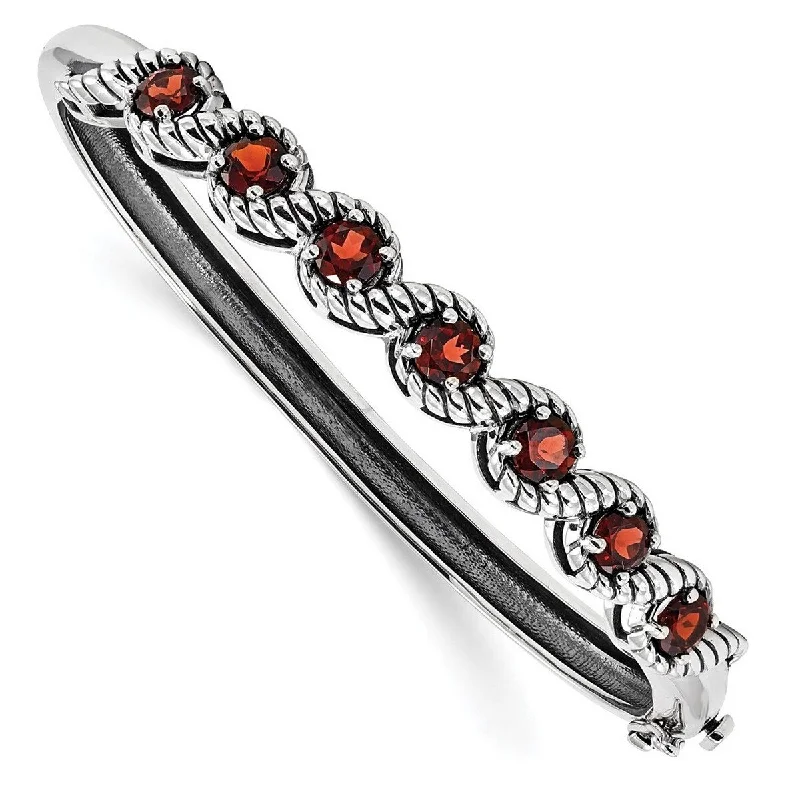 Ladies vintage silver bracelets-Curata 63.1mm 925 Sterling Silver Rhodium Plated Garnet Hinged Cuff Stackable Bangle Bracelet