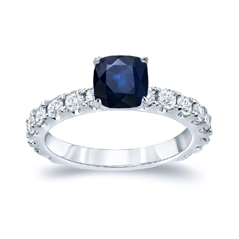 Ladies minimalistic engagement rings-Platinum 1ct Cushion-Cut Blue Sapphire and 1ct TDW Side Stone Diamond Engagement Ring (H-I, SI1-SI2)