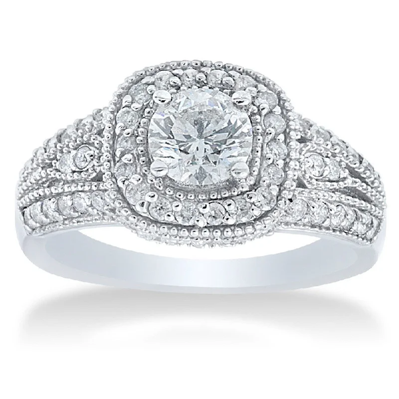 Ladies engagement rings with engraved bands-14k White Gold 1 1/3ct TDW Diamond Vintage Engagement Ring