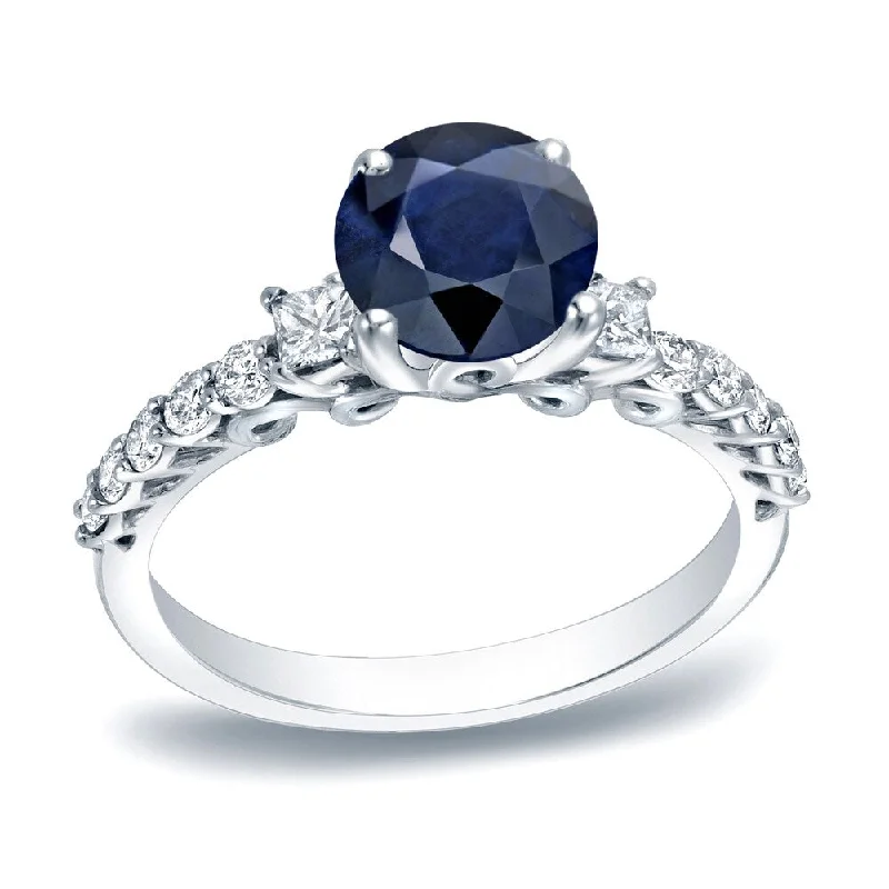 Ladies engagement rings with white sapphires-Auriya Round 1ct Blue Sapphire and 2/5ct TDW 3-Stone Diamond Engagement Ring 14K Gold