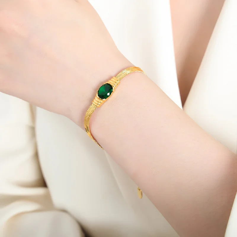 E433-Gold Green Glass Stone Bracelet-17+3cm