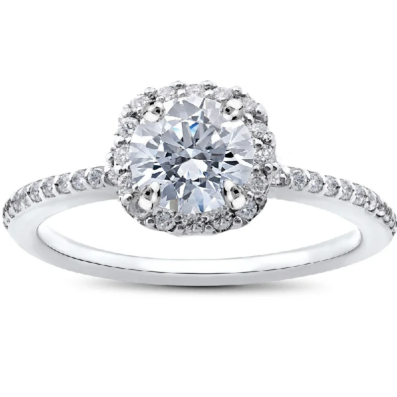 Ladies engagement rings with diamonds-14k White Gold 1ct TDW Round Diamond Engagement Ring Cushion Halo