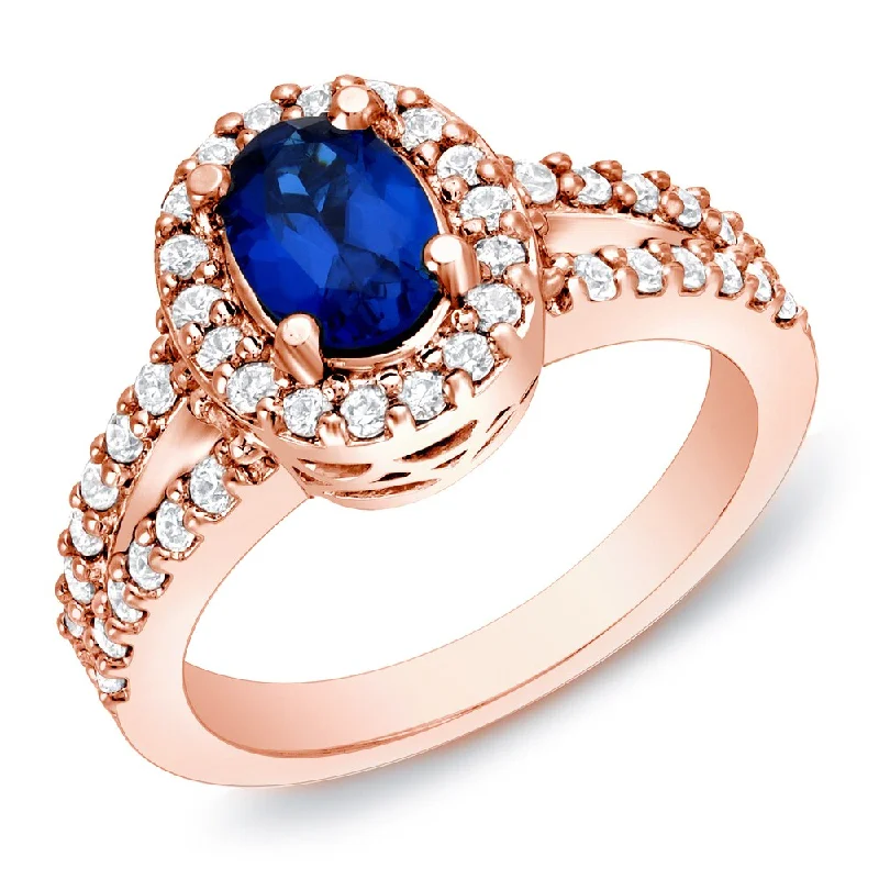 Ladies engagement rings with channel set sapphires-Auriya 14k Rose Gold 1ct Modern Oval Blue Sapphire Halo Diamond Engagement Ring 3/5ctw (H-I, SI1-SI2)