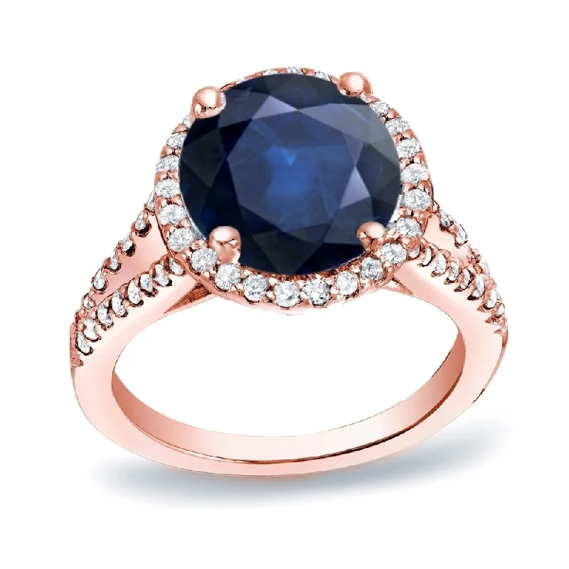 Ladies platinum engagement rings with diamonds-Auriya Round 1 1/5ct Blue Sapphire and 1/2ct TDW Diamond Halo Engagement Ring 14K Gold (H-I, SI1-SI2)