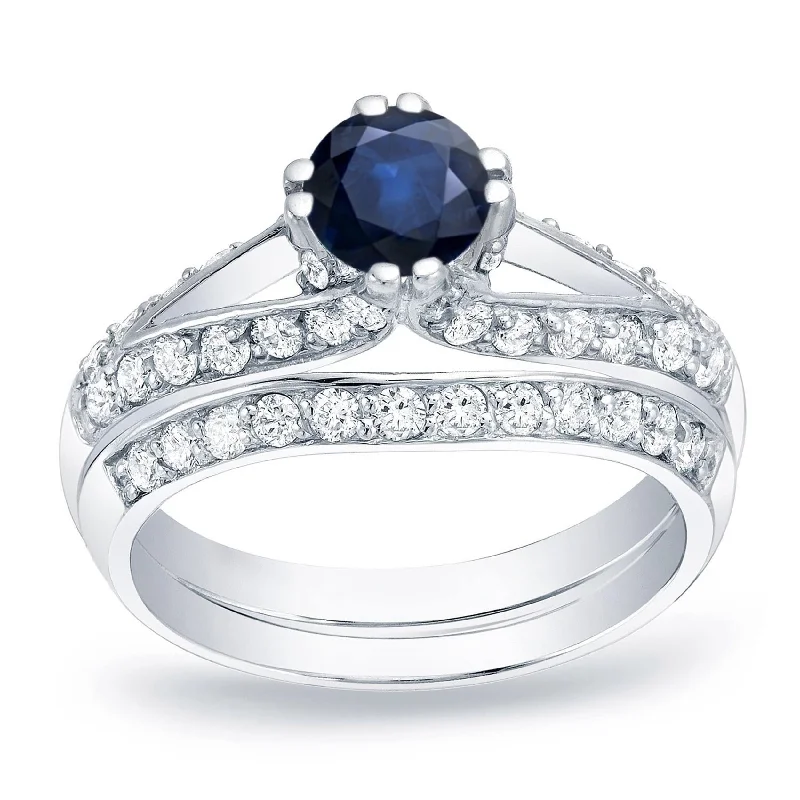 Ladies halo diamond engagement rings-Auriya 14k Gold 1/2ct Blue Sapphire and 3/4ctw Diamond Engagement Ring Set