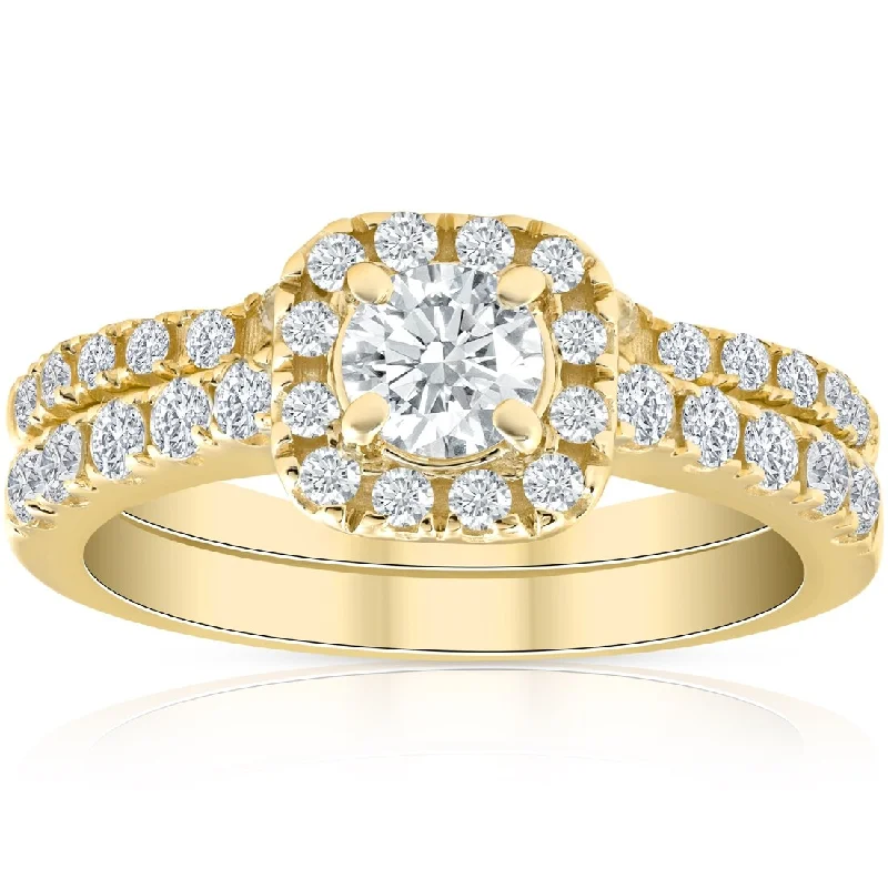 Ladies engagement rings with twisted bands-1 Ct Diamond Cushion Halo Engagement Wedding Ring Set 10k Yellow Gold