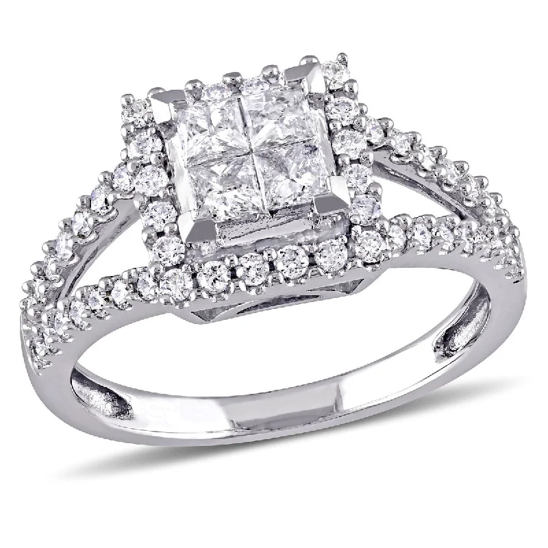 Ladies split-shank engagement rings-Miadora 1ct TW Princess Cut Quad Round Diamond Halo Split Shank Engagement Ring in 14k White Gold