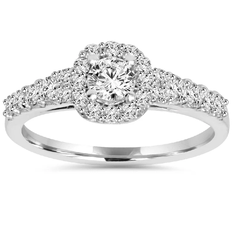 Ladies engagement rings with pave diamonds-14k White Gold 3/4ct TDW Diamond Halo Engagement Ring