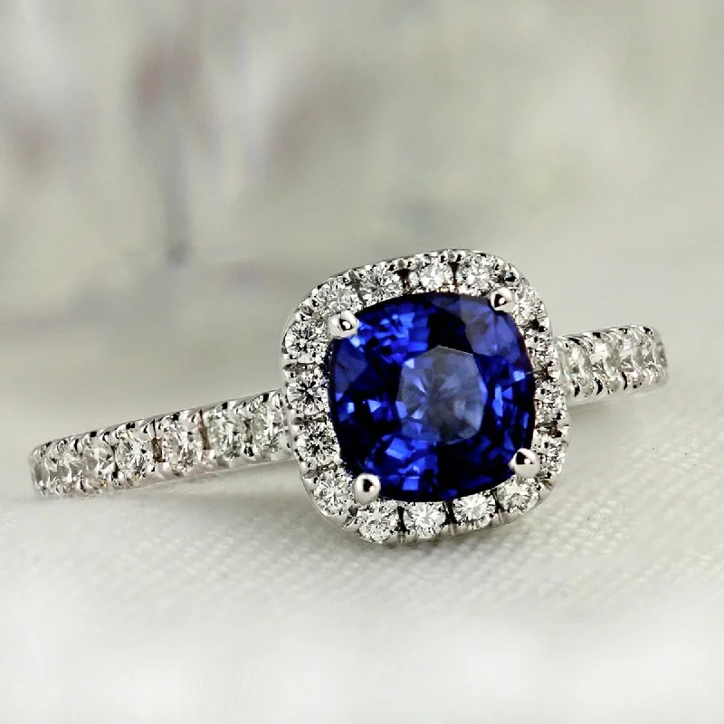 Ladies split-shank engagement rings-Auriya Platinum 1ct Cushion-cut Blue Sapphire Halo Diamond Engagement Ring 1/2ctw