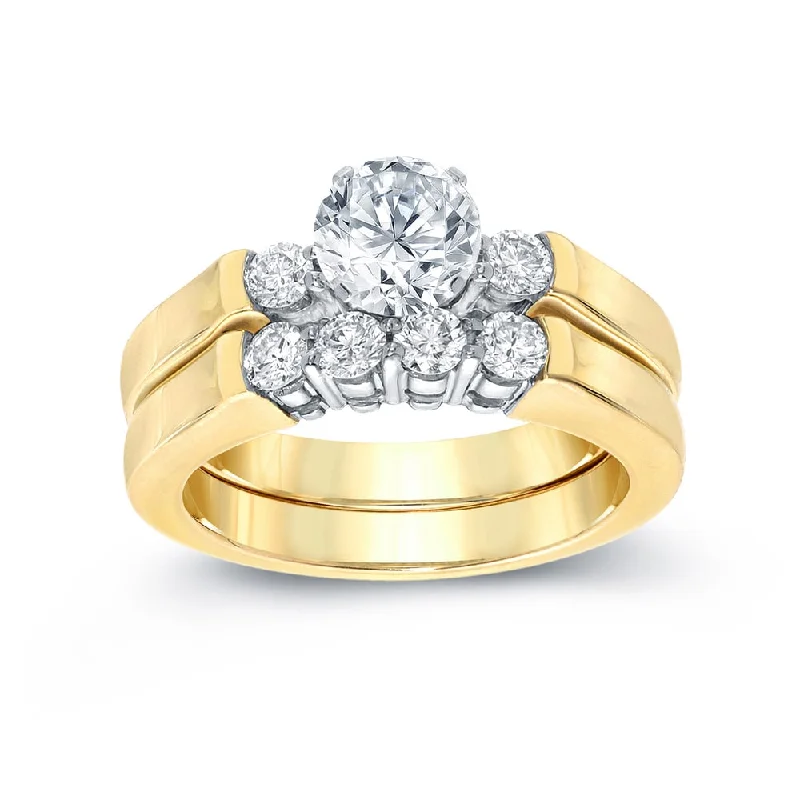 Ladies minimalistic engagement rings-Auriya Classic 1ct TDW Round 3-Stone Diamond Engagement Ring Set 14k Two-Tone Gold Certified