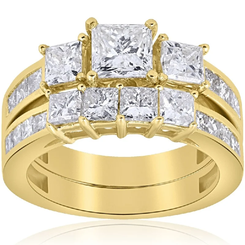 Ladies engagement rings with rubies-Pompeii3 14k Yellow Gold 3 1/2 ct TDW Princess Cut Clarity Enhanced Diamond Engagement Matching Wedding Ring Set - White