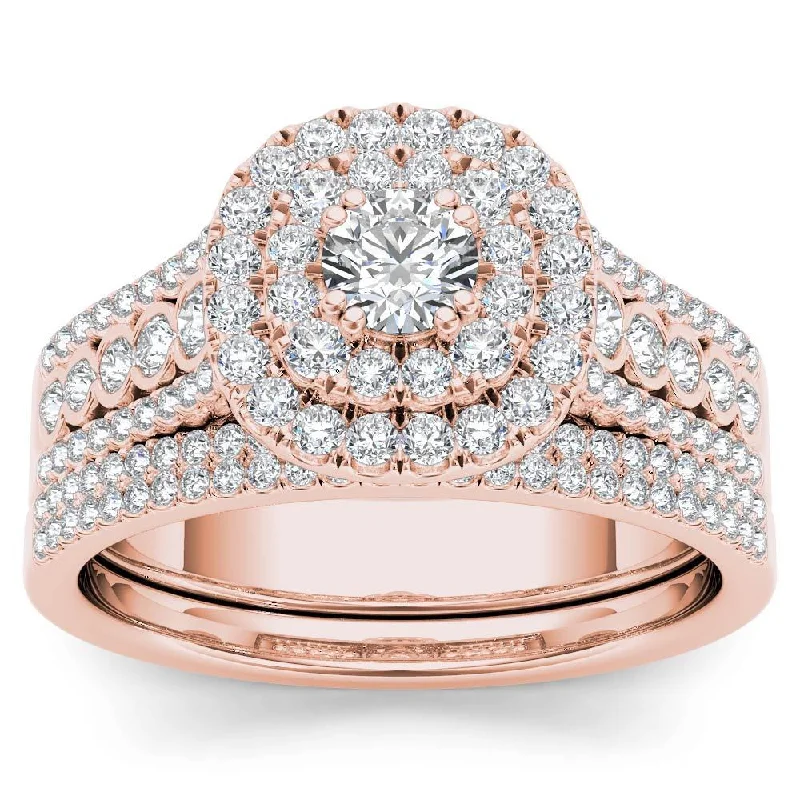 Ladies heirloom engagement rings-De Couer IGI Certified 10k Rose Gold 1ct TDW Diamond Double Halo Engagement Ring Set with One Band