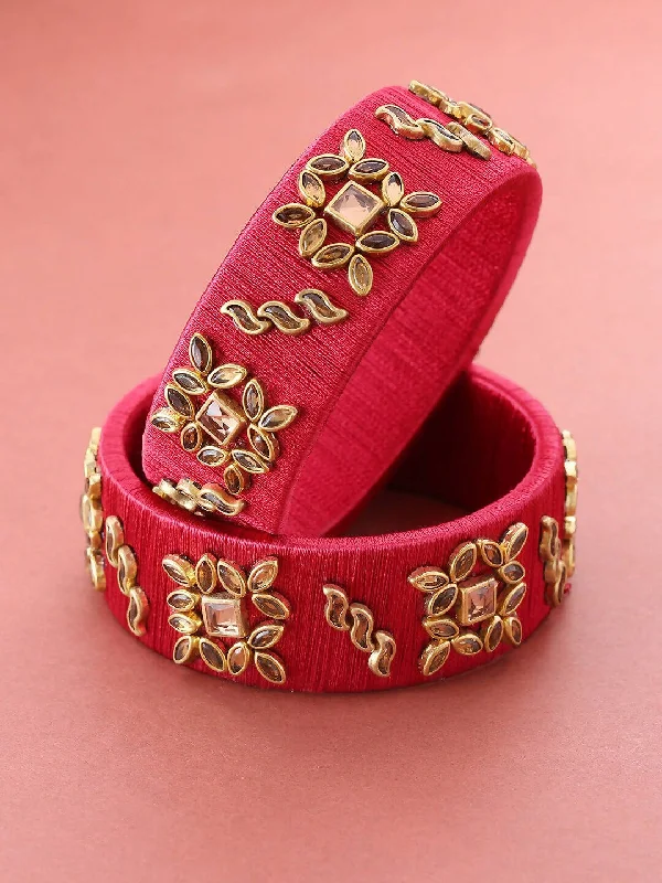 Ladies silver bangles-Priyaasi Women Set Of 2 Stones Studded Maroon Threaded Broad Bangles in Floral Pattern