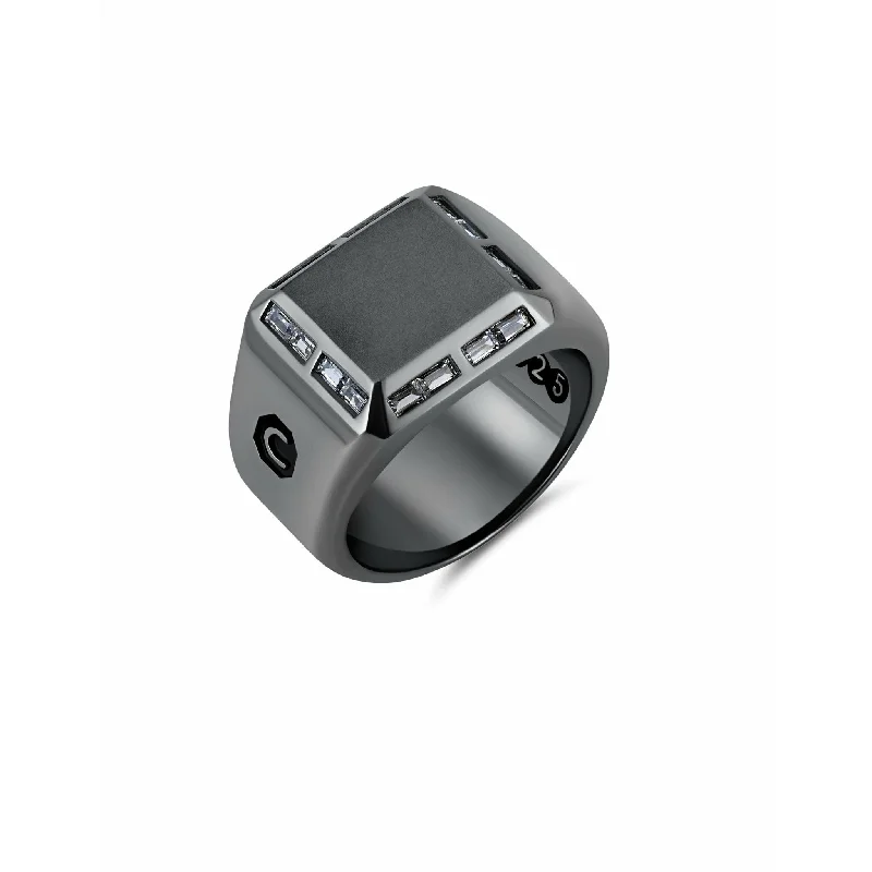 Ladies multi-stone rings-CRISLU Mens Large Signet Ring with Baguette CZ Finished in Black Rhodium