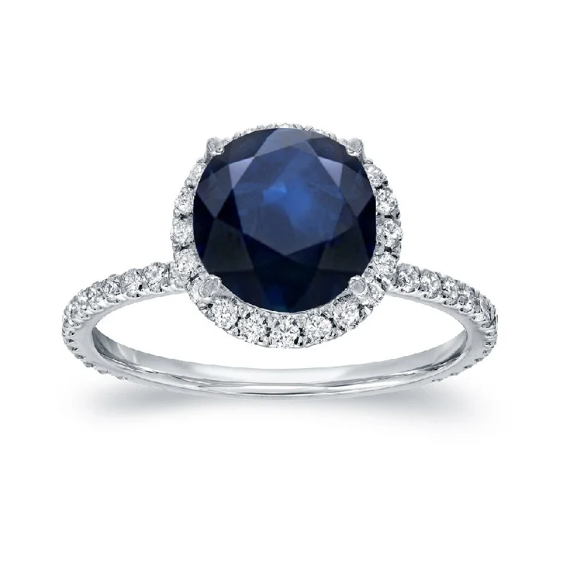 Ladies cushion cut diamond engagement rings-Auriya Round 2ct Blue Sapphire and 3/5ct TDW Diamond Halo Engagement Ring 14k Gold