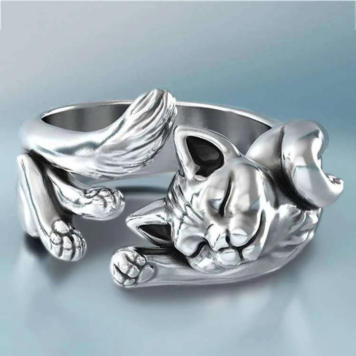 Ladies adjustable rings-New Kitten Open Ring European And American Plated 925 Retro Thai Silver Black Live Cat Totem Ring