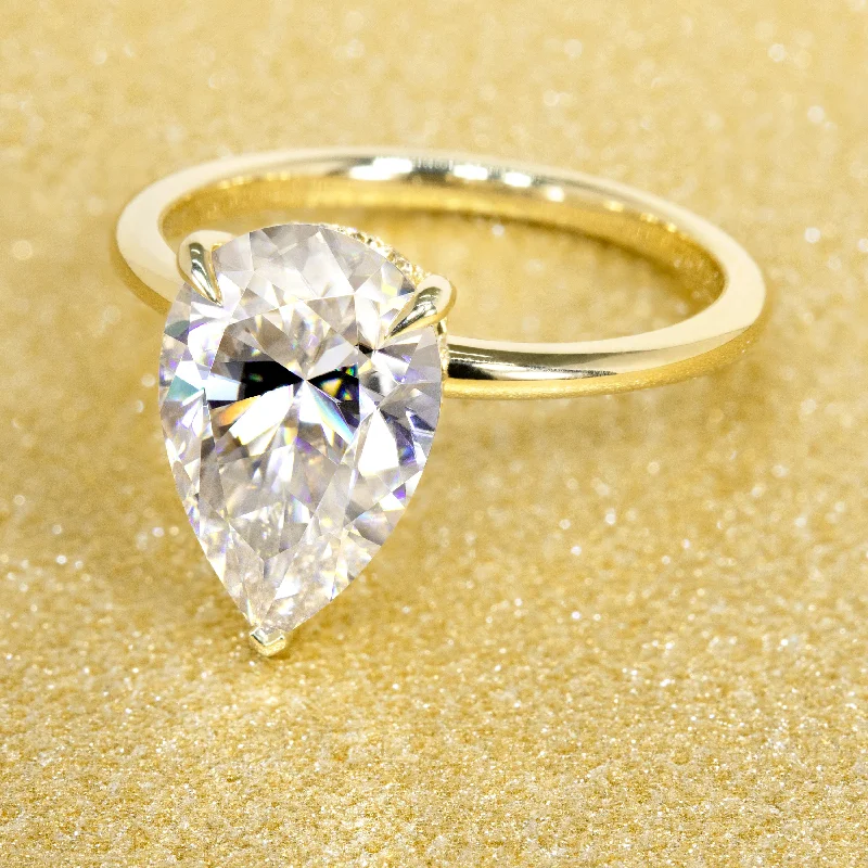 Ladies family rings-The Adara, 3.5ct Elongated Pear-shaped Moissanite Hidden Halo Ring