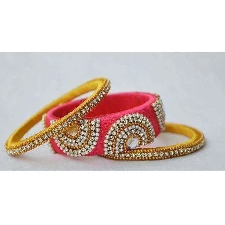 Ladies precious stone bracelets-Pink and Yellow Color Combination with White Stones Bangles