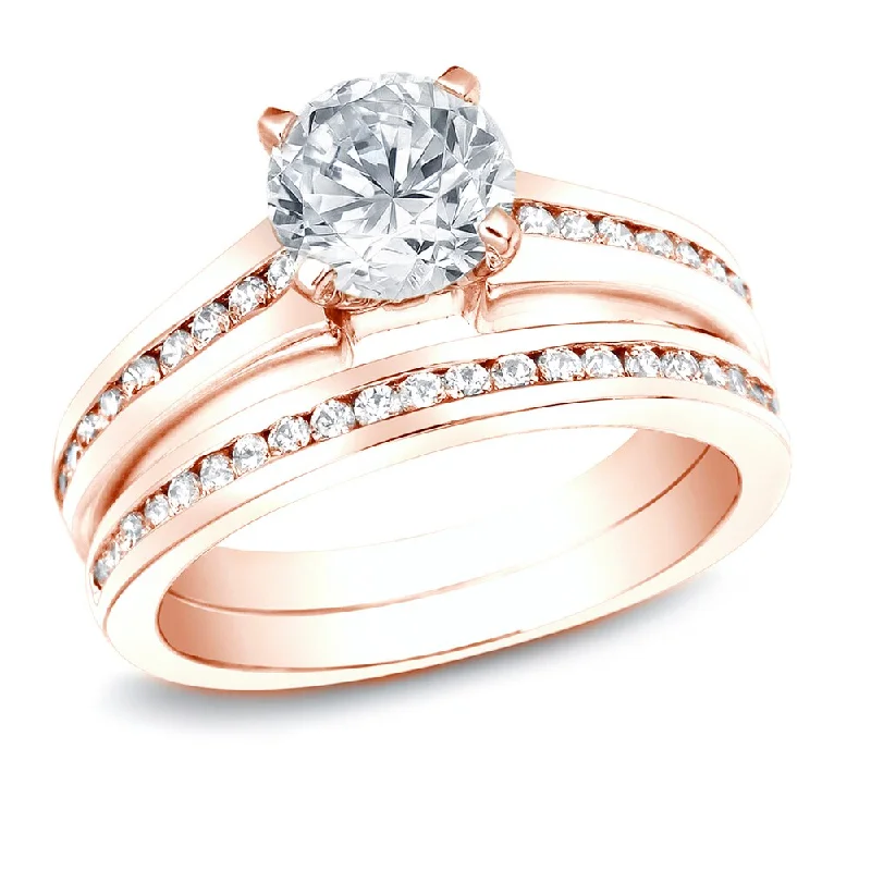 Ladies custom engagement rings-Auriya 14k Rose Gold 1 1/4ctw Classic Diamond Engagement Ring Set Certified