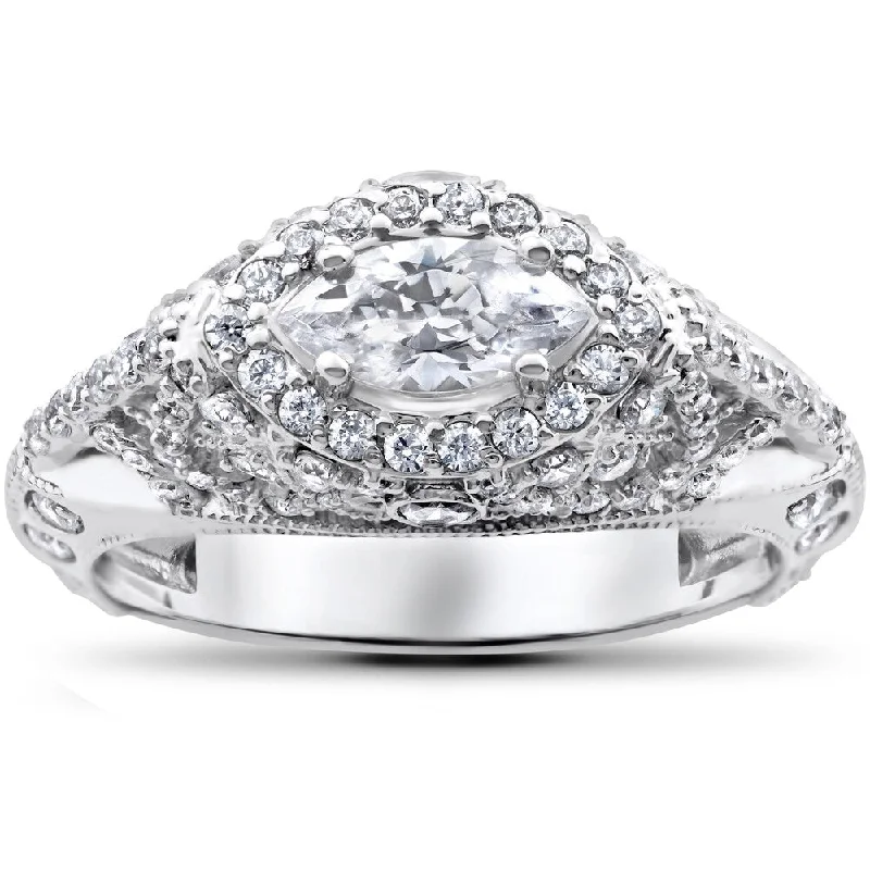 Ladies wedding engagement rings-14k White Gold 1 3/4 ct Vintage Marquise Diamond Engagement Antique Unique Ring