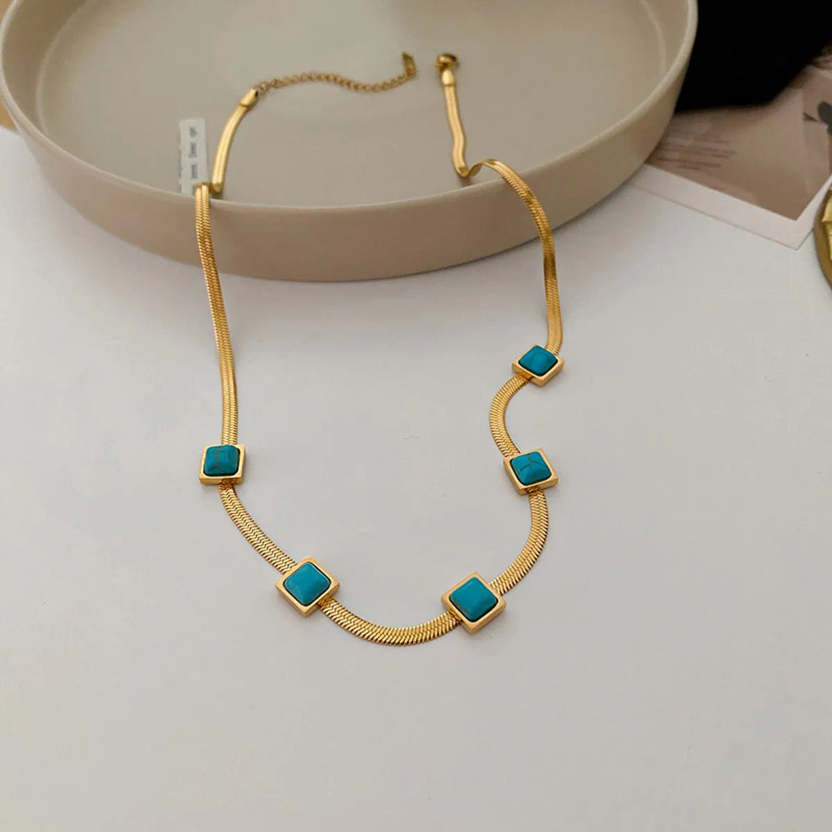 Ladies turquoise bracelets-Vintage Style Square Titanium Steel Plating Inlay Turquoise 18k Gold Plated Bracelets Necklace