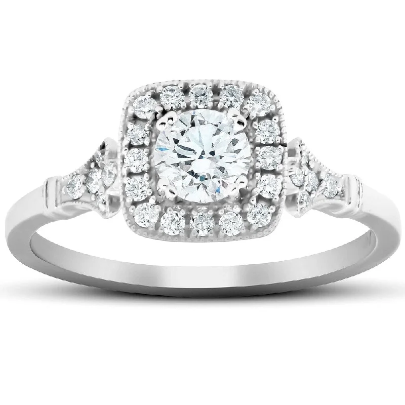 Ladies vintage engagement rings-1/2 Ct Cushion Halo Diamond Pave Engagement Ring 14k White Gold