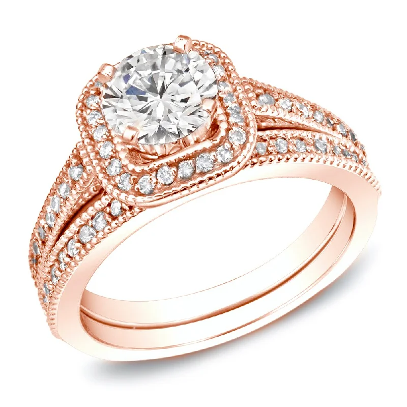 Ladies solitaire engagement rings-Auriya 14k Rose Gold 1 carat TW Vintage Halo Diamond Engagement Ring Set