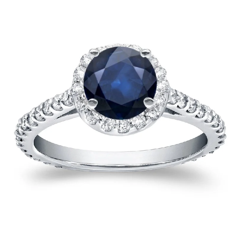 Ladies engagement rings with mixed metals-Auriya Round 7/8ct Blue Sapphire and 3/5ct TDW Diamond Halo Engagement Ring 14k White Gold (H-I, SI1-SI2)