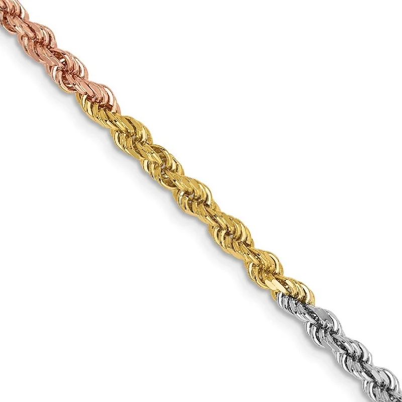 Ladies twisted bangles-Curata 14k Tri Color Solid Gold 2.9mm Sparkle Cut Rope Chain Bracelet Lobster Claw