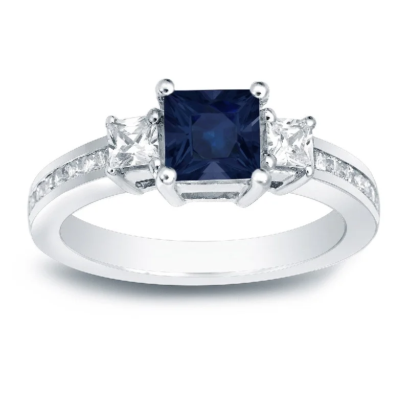 Ladies heirloom engagement rings-Auriya 14k Gold 3/4ct Princess-cut Sapphire 3-Stone Diamond Engagement Ring 3/4ctw