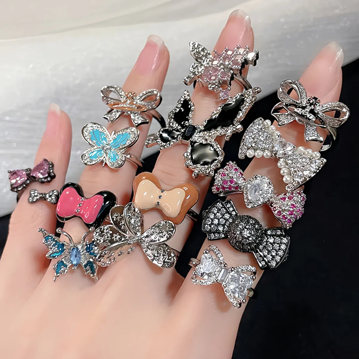 Ladies stackable rings-Wholesale IG Style Bow Knot Copper Plating Inlay Artificial Pearls Rhinestones Open Rings