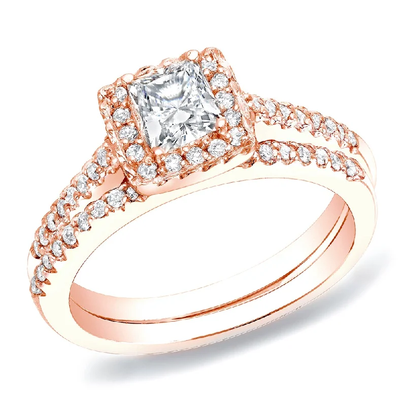 Ladies halo engagement rings with diamonds-Auriya 14k Rose Gold 3/4ctw Princess-cut Diamond Halo Engagement Ring Set