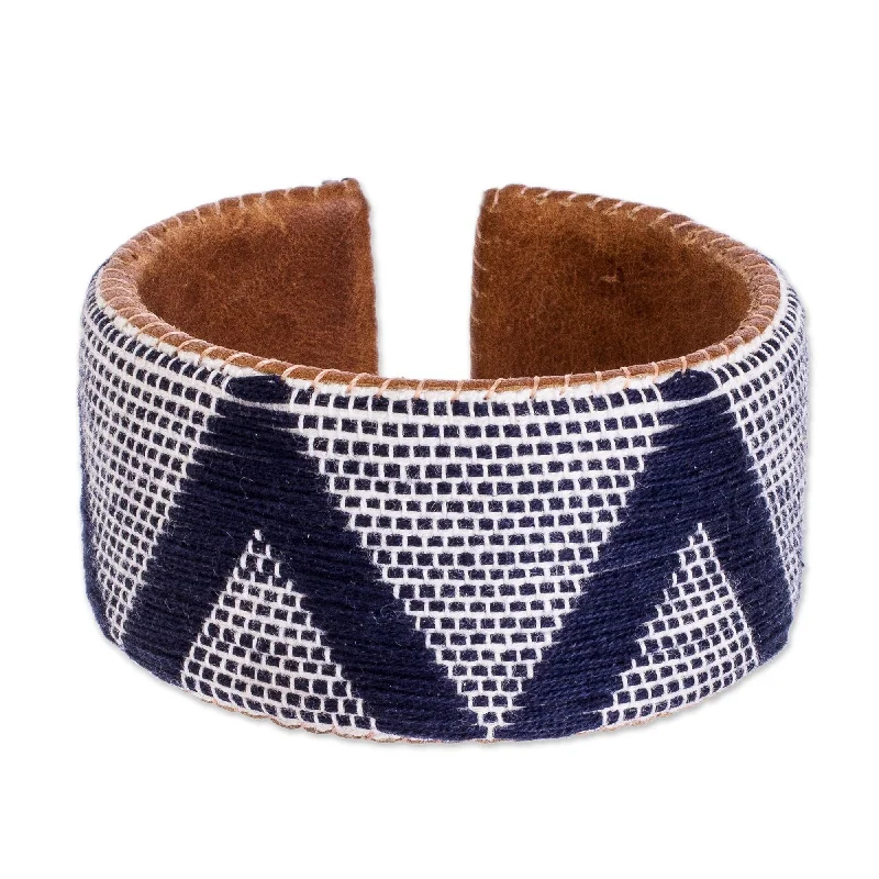 Ladies statement bracelets-Novica Handmade Comalapa Highlands In Blue Leather And Cotton Cuff Bracelet