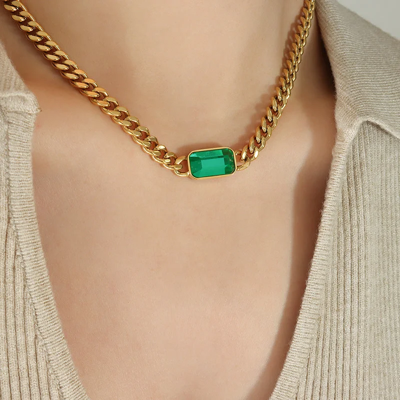 P1337-Gold Green Glass Stone Necklace-40+5cm