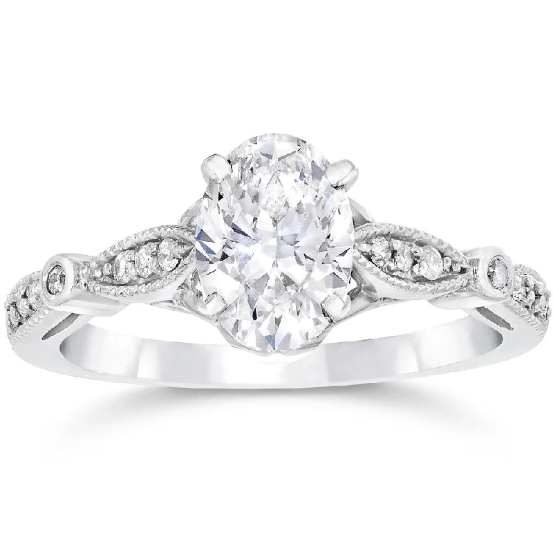 Ladies three-stone engagement rings-14k White Gold 1 1/10ct TDW Vintage Oval Diamond Engagement Ring Clarity Enhanced