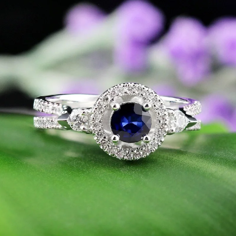 Ladies engagement rings with twist designs-Auriya 1/2ct Blue Sapphire and 1/2ctw Halo Diamond Engagement Ring 14k Gold