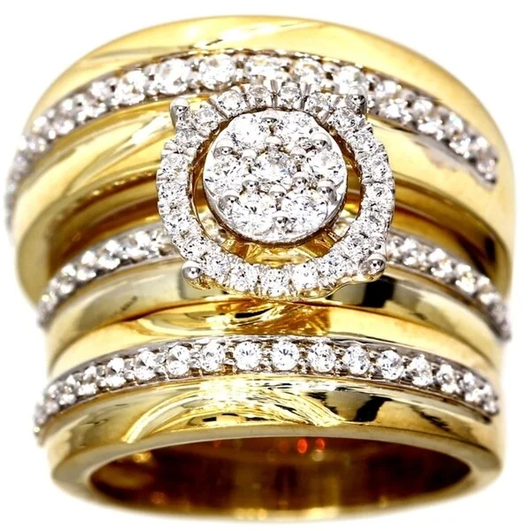 Ladies engagement rings with gemstones-Pompeii3 10k Yellow Gold 1.16Ct TDW IGI Certified Diamond Engagement Wedding Trio Ring Set